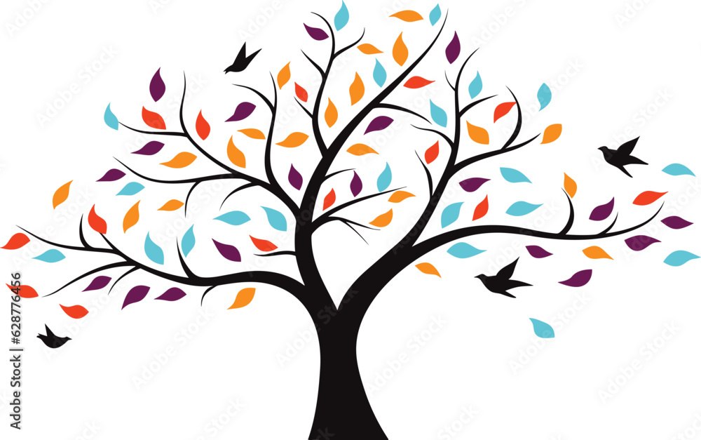 birds flying to the colorful tree wall art decor vector illustration birds flying to the colorful tree wall art decor vector illustration