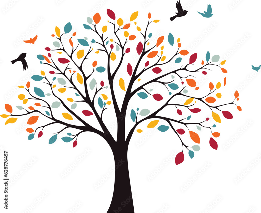 birds flying to the colorful tree wall art decor vector illustration birds flying to the colorful tree wall art decor vector illustration
