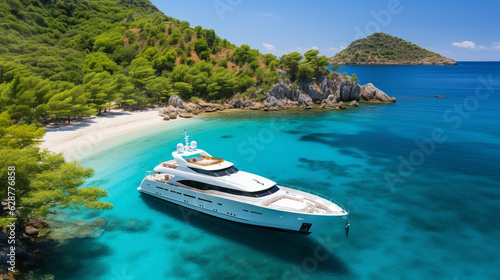 A luxurious yacht anchored in a secluded cove, surrounded by pristine white sandy beaches Generative AI
