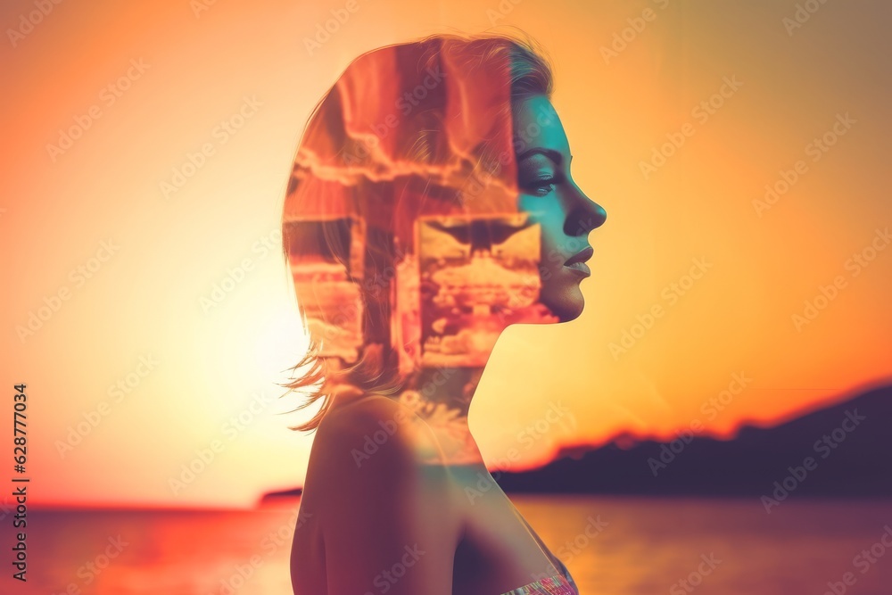 Double Exposure Summer Themed Portrait of a Woman Double Exposure Summer Themed Portrait of a Woman