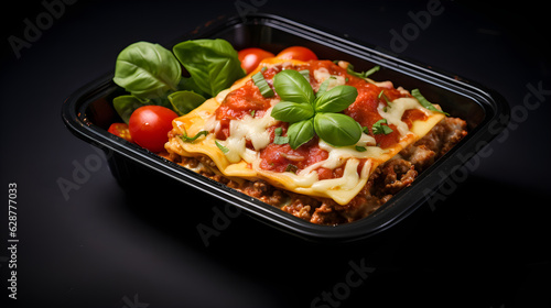 masterpiece product photo of a premade meal in a black square plastic tray, the meal consists of cheese lasagna and Italian pork sausage in tomato basil, Generative AI photo
