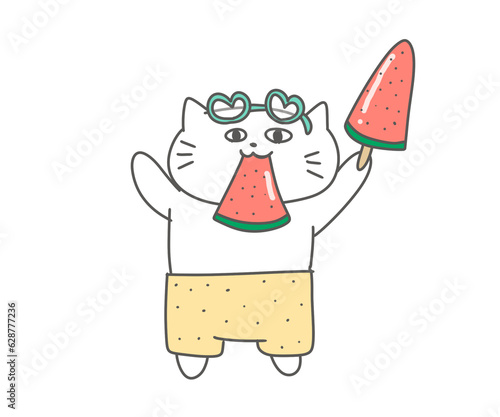 海パン姿でスイカを食べる猫