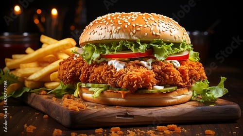 A fast-food style chicken sandwich on a bun  delicious  stuffed with toppings.