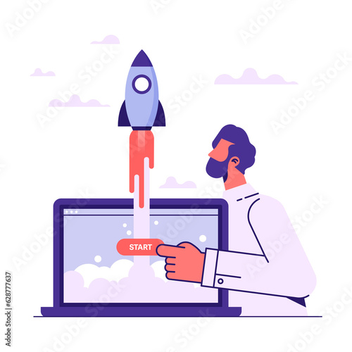 Businessman start up launching product or business with rocket, Concept startup launch of a new business 