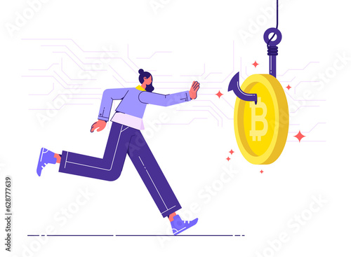 Fotografering Digital money trap or crypto currency fraud concept, businessman running to grab