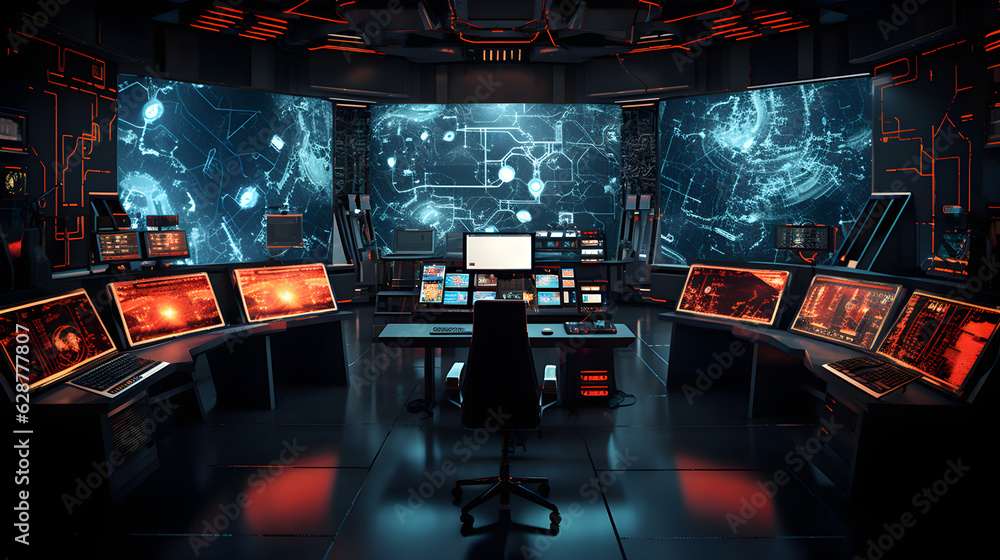 sci fi control room huge room futuristic sensors computers screens maps, Generative AI
