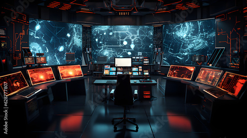 Obraz na płótnie sci fi control room huge room futuristic sensors computers screens maps, Generative AI w salonie