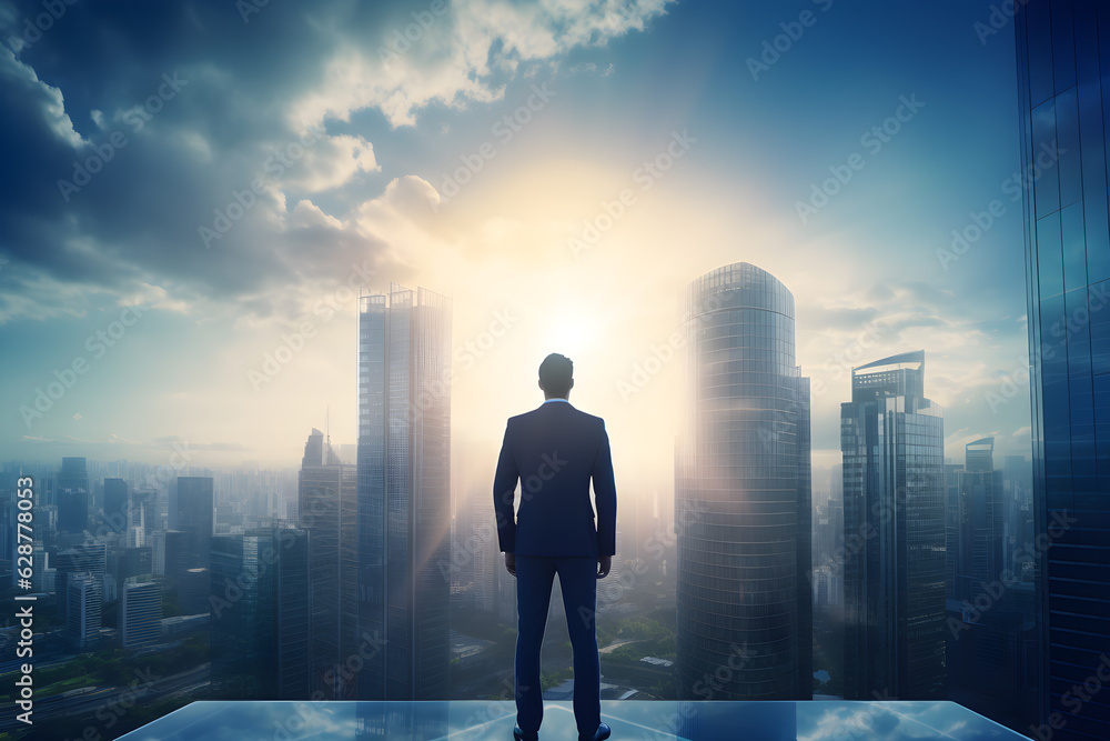 Professional business man looking at the sun on city in the sky, immersive environments, light blue. Generative AI.