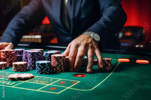 Leinwand Poster Casino player rich dealer croupier gambling blackjack poker roulette table white