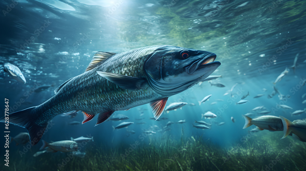 Fototapeta premium Predatory fish underwater, ready to swallow the bait. hunting predator fish underwater, Generative AI