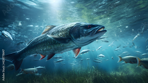 Predatory fish underwater, ready to swallow the bait. hunting predator fish underwater, Generative AI © Yuriy Maslov