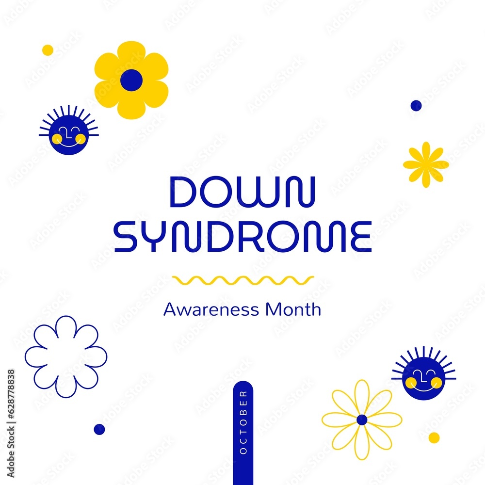 Illustration of october, down syndrome awareness month text with flowers, dots, emoji