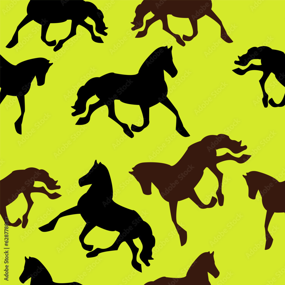 Seamless pattern of stallions. Seamless pattern of stallions. Horse silhouettes pattern Stallions on a bright yellow background. Horse silhouettes - black and brown on yellow.