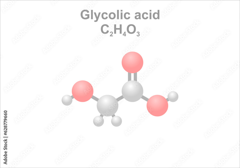 Glycolic acid. Simplified scheme of the molecule. Use in the textile industry as dyeing, tanning agent.