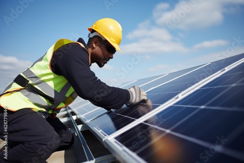 Engineer worker man employee technician inspects solar panels batteries. Advanced technological install panels green clear renewable ecological energy electricity production equipment safety helmet