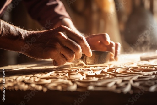 Fototapeta Master old man's hobbyist hands sculpting carving wooden figures sculptures leis