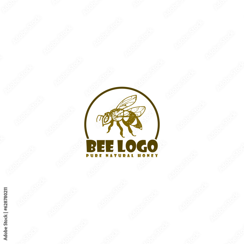 Hand sketched bee honey logo template isolated on white background