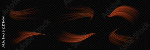 Golden glowing light wave, speed line. Abstract wavy light trail flash, swirl motion curve. On a transparent background.