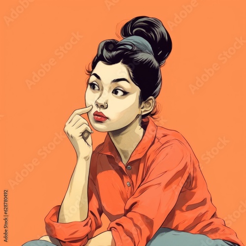 Asian young woman in thinking and doubts cartoon illustration. Female hipster character with dreamy face on abstract background. Ai generated bright drawn colorful poster.