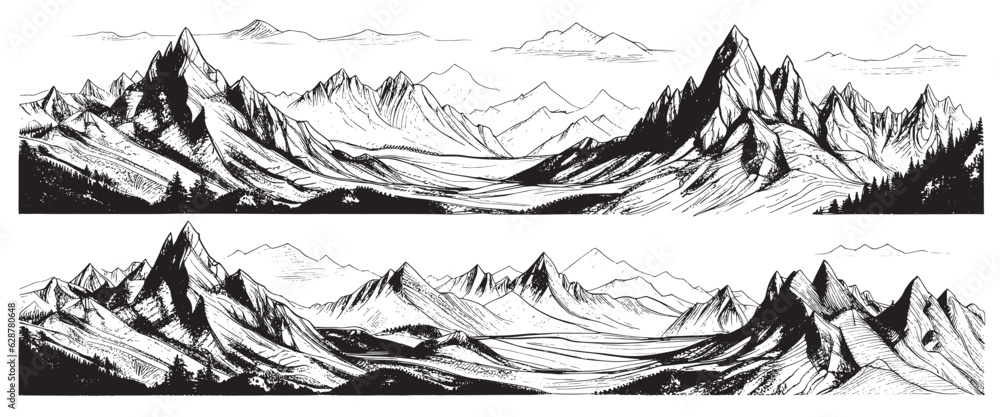Vector sketch of hand drawn graphic mountain ranges and pine forest. Natural landscape. Black and white backgrounds for outdoor camping.
