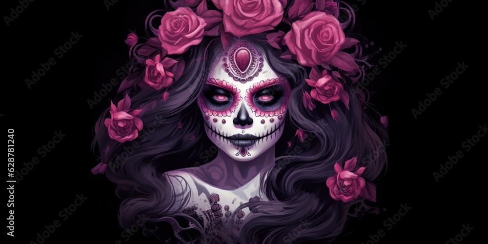 AI Generated. AI Generative. Muertos Mexican latin day of the dead holiday carnival woman make up sugar skull face. Beautiful woman with halloween makeup