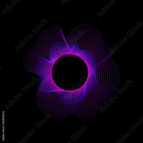 Circle of sound waves. Neon round music sound wave for equalizer. Radial sound wave curve with light particles. Clipart of colorful radio frequency sound lines. Vector illustration.