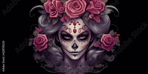 AI Generated. AI Generative. Muertos Mexican latin day of the dead holiday carnival woman make up sugar skull face. Beautiful woman with halloween makeup