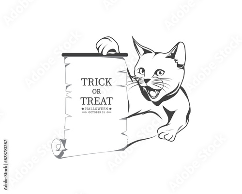 Halloween logo cute cat icon clip art. vector illustration of a cat carrying an invitation.
