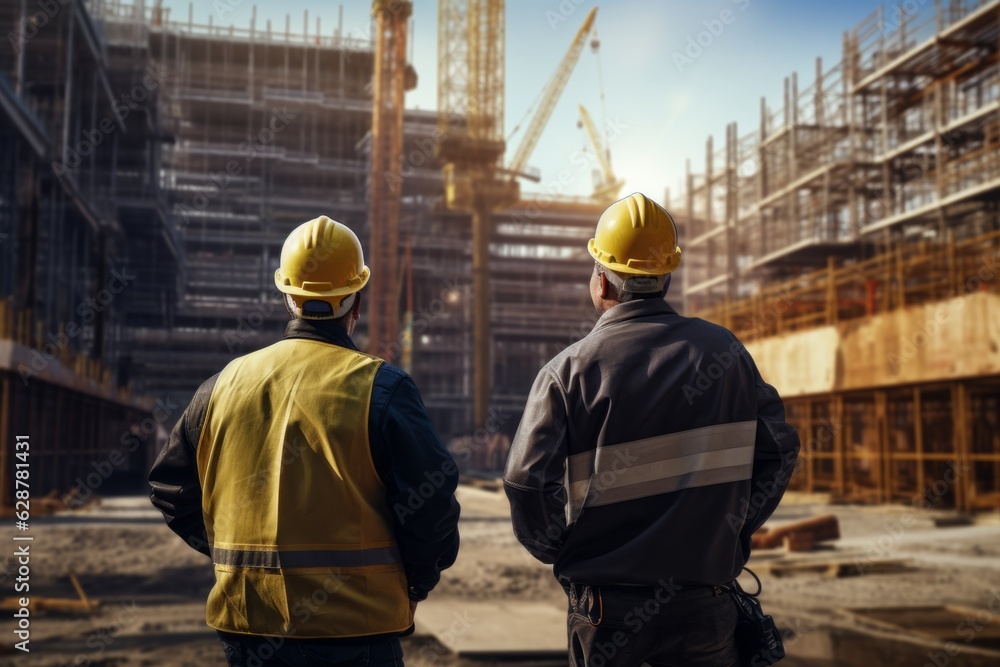 Two construction building men workers confidently inspect discuss engineering projects. Building construction company sites in front them builder safety measures helmets modern skyscraper buildings Two construction building men workers confidently inspect discuss engineering projects. Building construction company sites in front them builder safety measures helmets modern skyscraper buildings