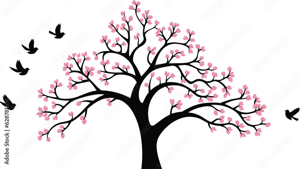 silhouette of a birds flying to the pink vinyl tree wall art decor vector illustration
