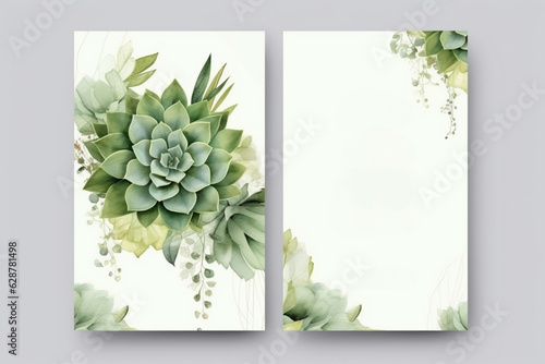 Greenery, succulent and branches Wedding Invitation card, save the date, thank you, rsvp template. Generative ai. photo