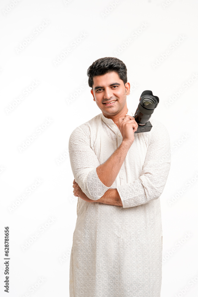 Indian Photographer With Camera on white background. Indian Photographer With Camera on white background.
