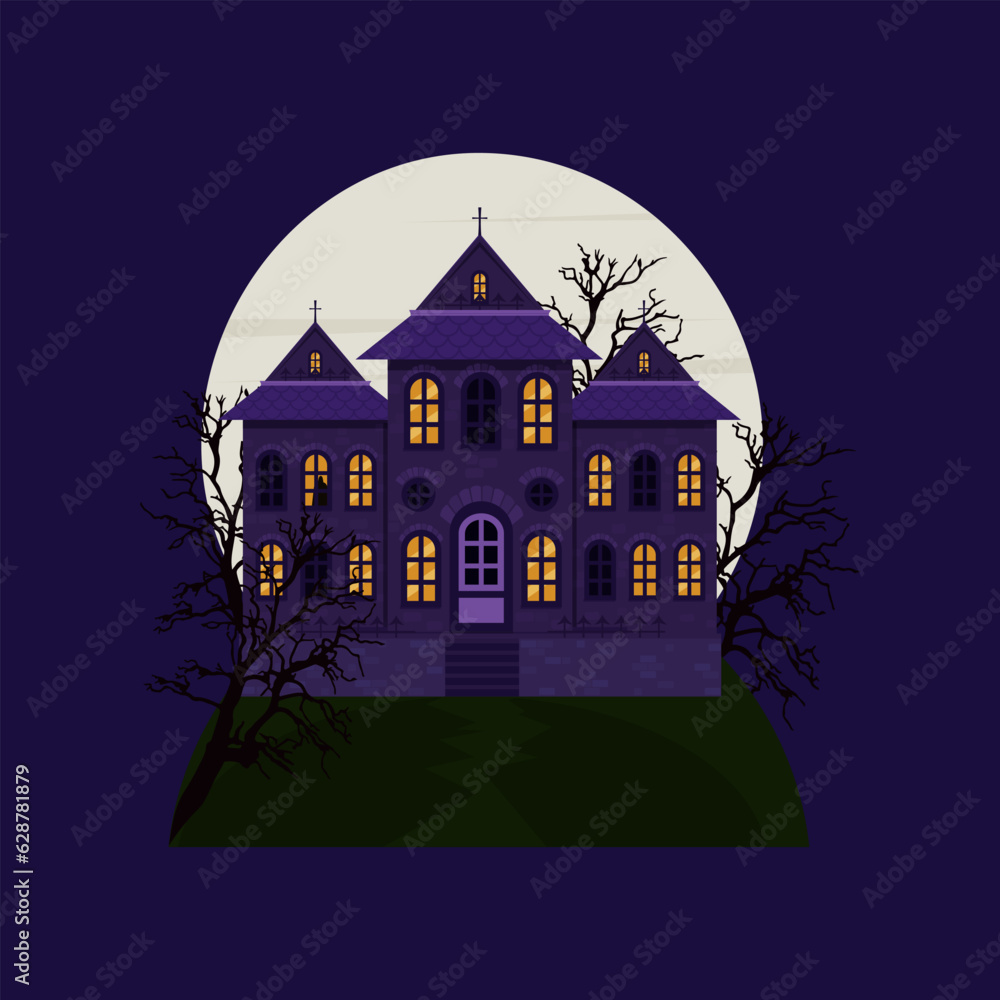 Scary castle house with a cemetery on the background of a full moon. Halloween house. Vector illustration.
