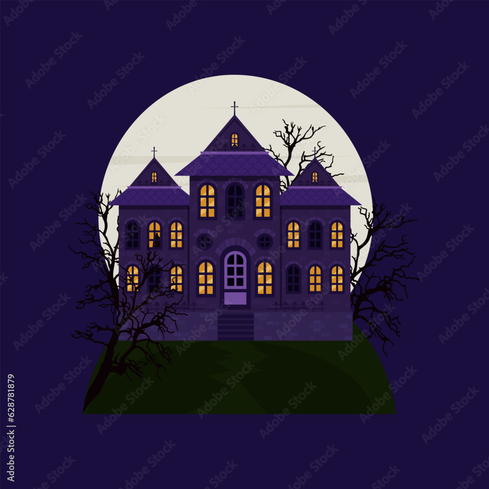 Scary castle house with a cemetery on the background of a full moon. Halloween house. Vector illustration. Scary castle house with a cemetery on the background of a full moon. Halloween house. Vector illustration.