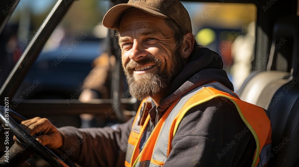 A cheerful worker is sitting in the cab of a mini excavator with a smile on his face. Generative AI A cheerful worker is sitting in the cab of a mini excavator with a smile on his face. Generative AI
