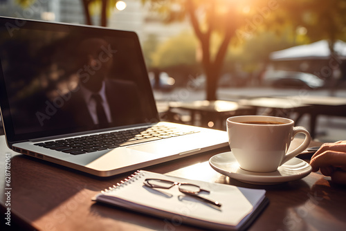 A professional businessman's hand types on a laptop,accompanied by a white coffee cup, papers, and a memo book, sharply warm orange sunlight. Generative AI.