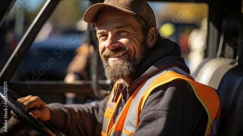A cheerful worker is sitting in the cab of a mini excavator with a smile on his face. Generative AI