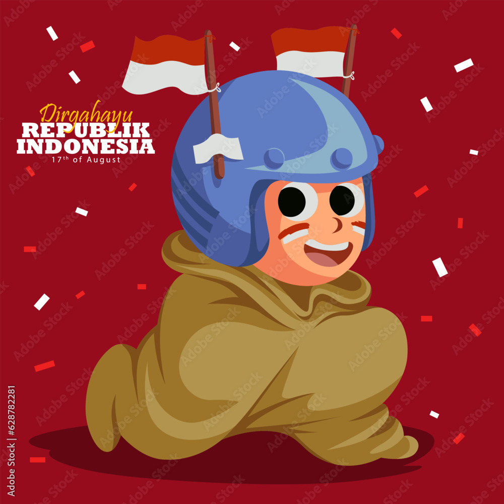 Fototapeta premium Happy Indonesian Independence Day. 17th of august design vector illustration of a funny squatting sack race competition wearing helmet