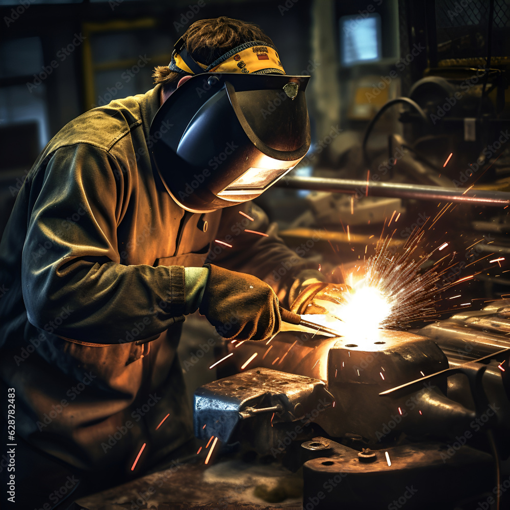 Working welder cooks pipes, welding sparkles. generative AI Working welder cooks pipes, welding sparkles. generative AI