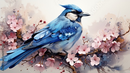Watercolor Blue Jay Bird With Branch Flowers and Leaves.
