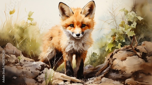 Watercolor Cute Red Fox.
