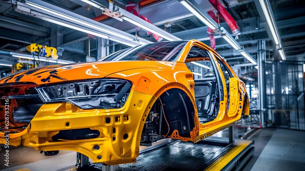 yellow car, robotic automation line in a factory for the production of modern cars, made with Generative AI