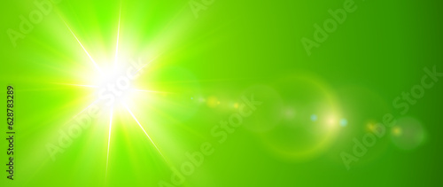 Sunny background, sun with lens flare on green,, hot weather concept summer illustration.