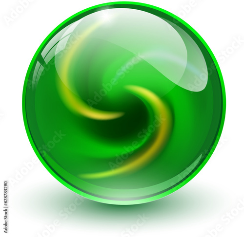 3d glass marble ball with spiral pattern inside, shiny crystal sphere.