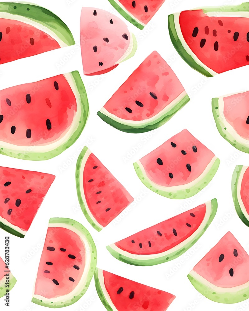 Watermelon tileable watercolor hand drawn seamless pattern created with Generative AI technology Watermelon tileable watercolor hand drawn seamless pattern created with Generative AI technology