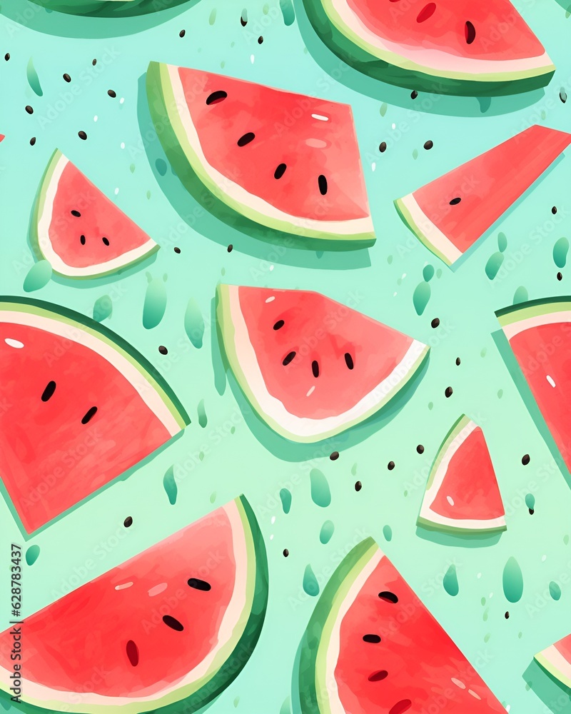 Watermelon tileable watercolor hand drawn seamless pattern created with Generative AI technology Watermelon tileable watercolor hand drawn seamless pattern created with Generative AI technology