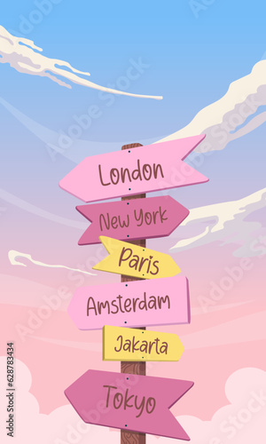 happy world tourism day. banner, brochure, poster design. illustration of a signpost to a world-famous city