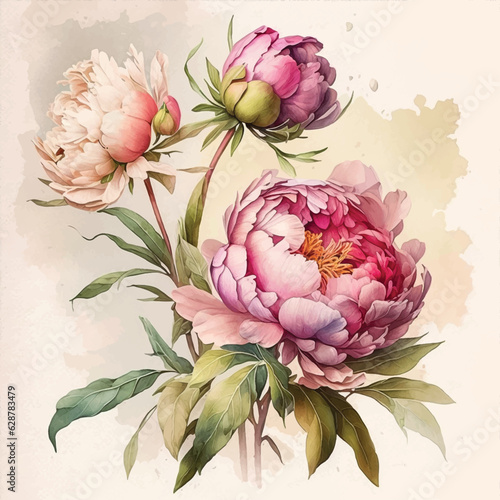 Peony flowers watercolor paint