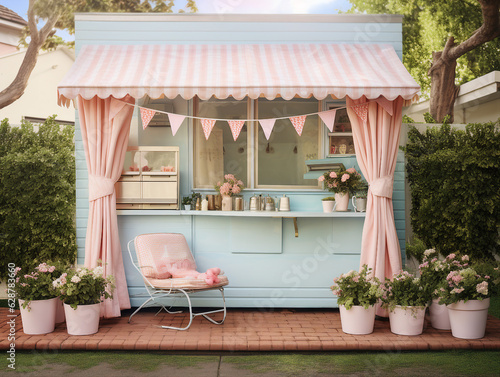 Vintage blue vintage coffee shop with pink canopy and flowers in the garden. Outdoor cafe. generative ai 