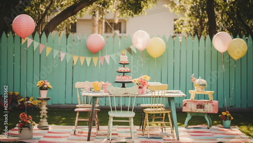 Decorated table and chairs for birthday party in the garden. generative ai 